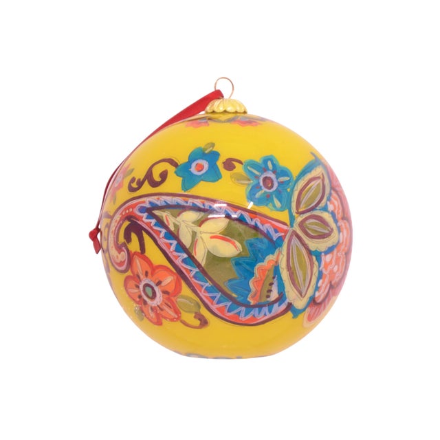 Large four inch vibrant hand painted glass sphere in vibrant yellow, green, red, orange and aqua teal designed by Vera...