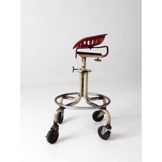 Vintage Industrial Rolling Stool With Cast Iron Tractor Seat For Sale - Image 10 of 18
