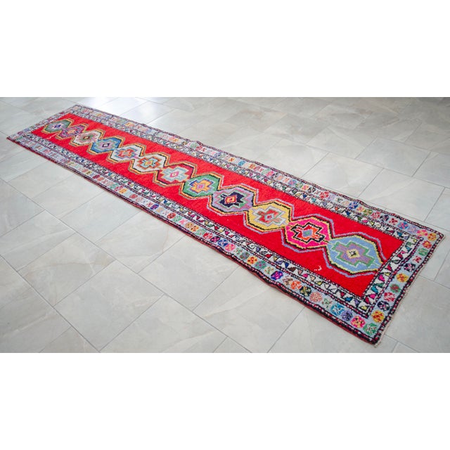 1970s Turkish Hand-Knotted Runner Rug Bold Colors Hallway Rug - 2′8″ × 11′9″ For Sale - Image 5 of 14