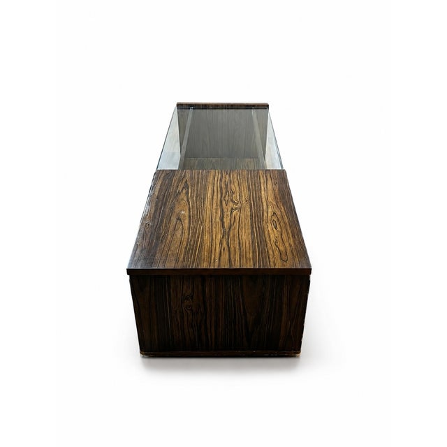 1950s Vintage Art Deco Revival Figured-Wood and Glass Storage Coffee Table For Sale - Image 5 of 12