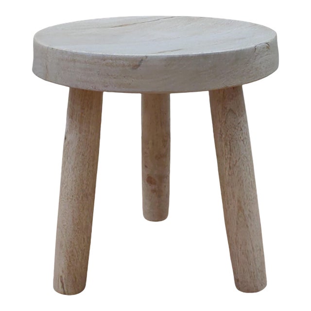 Wooden Mid Century Small Solid Wood Milking Stool in Distress Finish For Sale