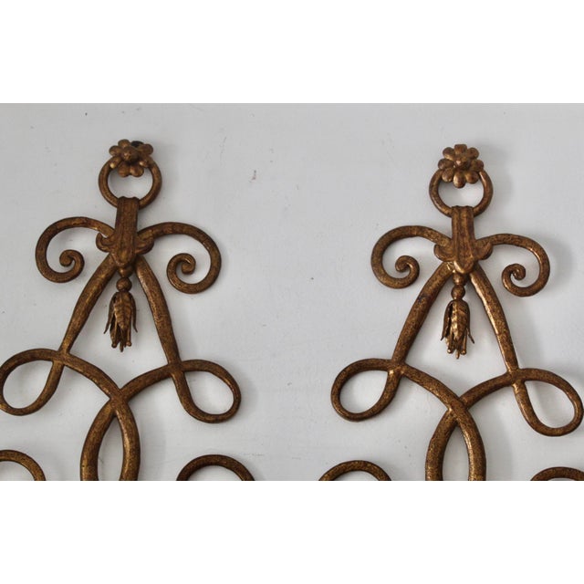 Vintage Italian Florentine Style Gold Finished Scrolling Arms Electric Wall Sconces- A Pair For Sale - Image 10 of 15