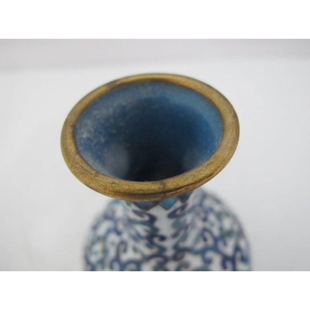 Royal Blue Chinese Turquoise & Cobalt Blue Cloisonne Enamel Flower Brass Small Vase For Sale - Image 8 of 9