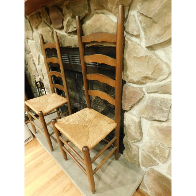 Farmhouse Early 20th Century Set of 2 Ladderback Chairs With Woven Seats For Sale - Image 3 of 16