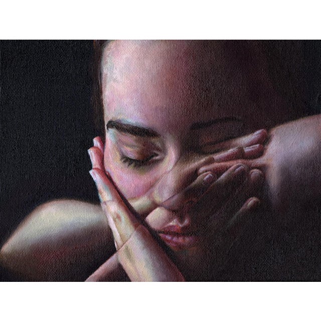 Hope is a Dangerous Thing by Claudia Kaak | Oil Painting of a contemplative young woman with hands on her face For Sale