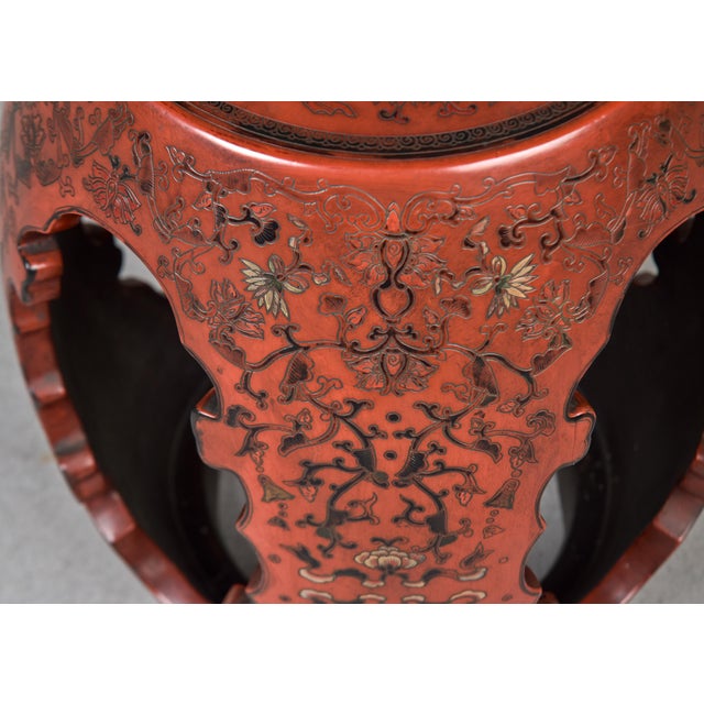 Vintage Chinese Carved and Etched Wooden Drum Table or Stool For Sale - Image 11 of 12