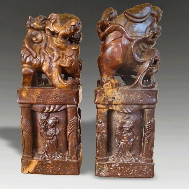 Qing Dynasty Chinese Carved Soapstone Buddhist Lion Seals, 1820 For Sale - Image 6 of 9