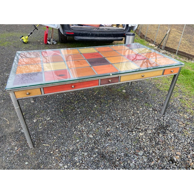 Venezia Furniture Modern Brushed Steel Table Partners Desk With Wooden Squares Tiles and Glass Top For Sale - Image 10 of 12