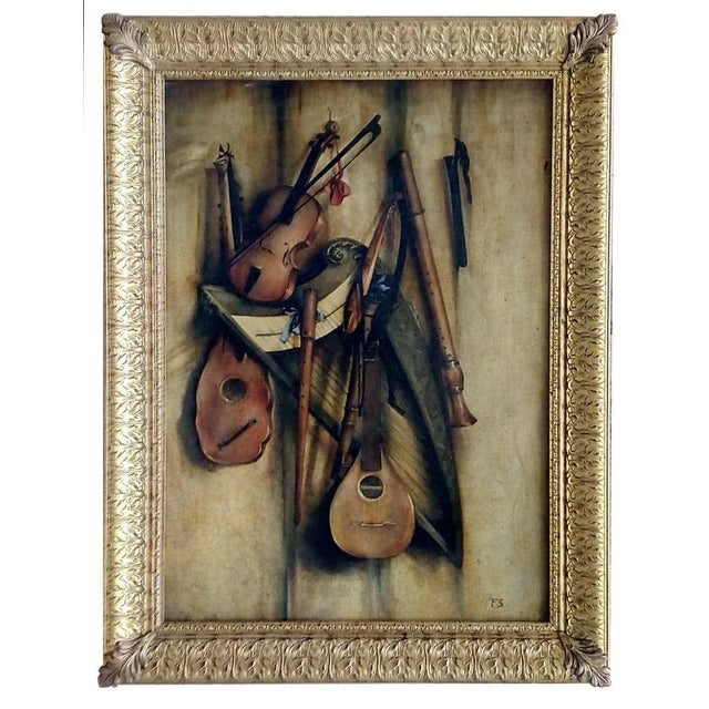 Francesca Strino, Italian Still Life of Musical Instruments, Oil on Canvas, Framed For Sale - Image 7 of 7