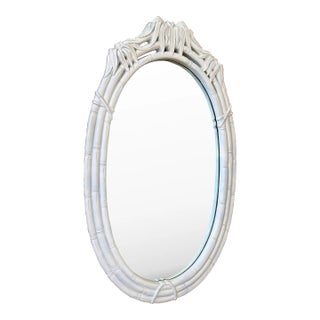 Vintage Faux Bamboo Oval Wall Palmette Mirror in Distressed White Finish For Sale