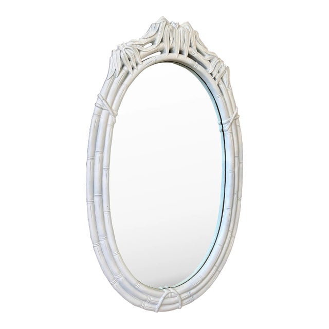 Vintage Faux Bamboo Oval Wall Palmette Mirror in Distressed White Finish For Sale