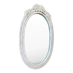 Vintage Faux Bamboo Oval Wall Palmette Mirror in Distressed White Finish