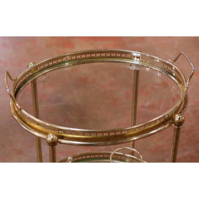 Mid-Century French Brass and Glass Two-Tier Bar Cart on Casters For Sale - Image 4 of 10
