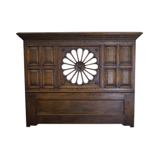Quality Tudor Style Solid Oak Daisy Flower Carved Queen/King Size Headboard For Sale