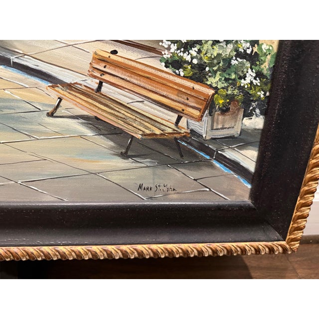 Warm-toned painting of a European courtyard with fountain and boutique storefronts, great for dining rooms, kitchens, or...