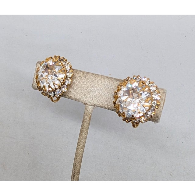 Mid-Century Modern Vintage Signed 1950s Hattie Carnegie Round Goldtone Clear Rhinestone Clip Earrings-2 Pieces For Sale - Image 3 of 7