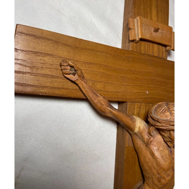 Antique Hand Carved Wood Religious Jesus Christ Crucifix Cross Sculpture God For Sale - Image 13 of 14