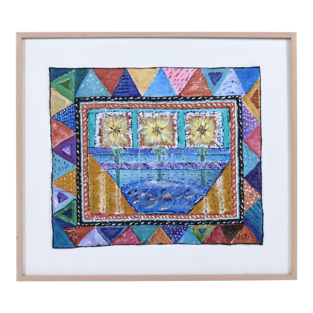 Contemporary Painted Quilted Textile Art on Canvas in Cerused Frame For Sale
