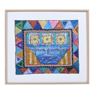 Contemporary Painted Quilted Textile Art on Canvas in Cerused Frame