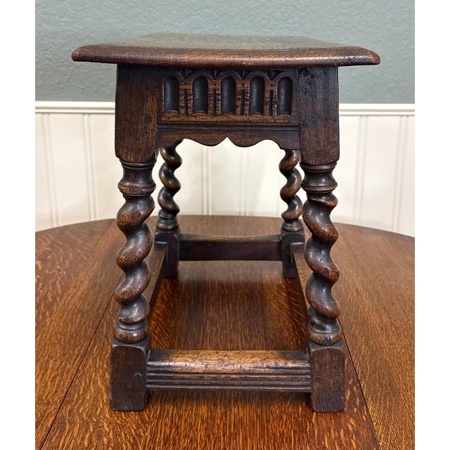 Antique English Footstool Bench Stool Joint Stool Barley Twist Carved Oak c.1900 For Sale - Image 9 of 16