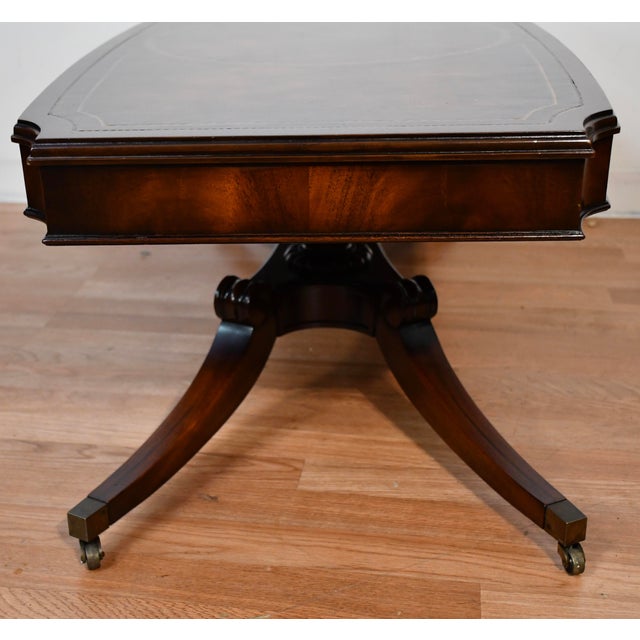 1930 Weiman English Regency Mahogany Leather Top Set Coffee Table & Side Tables For Sale - Image 12 of 18