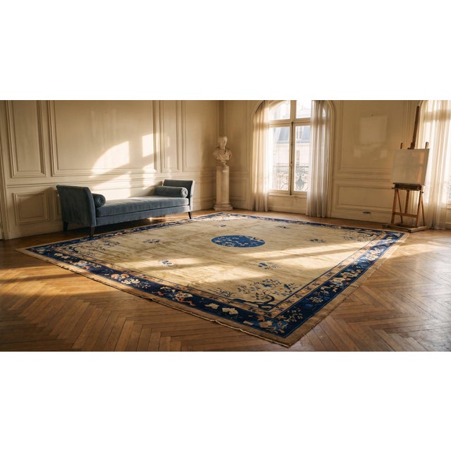 Beautiful Little Birds on Branches in the Center on Beige Background Color Antique Chinese Peking Rug For Sale - Image 9 of 10