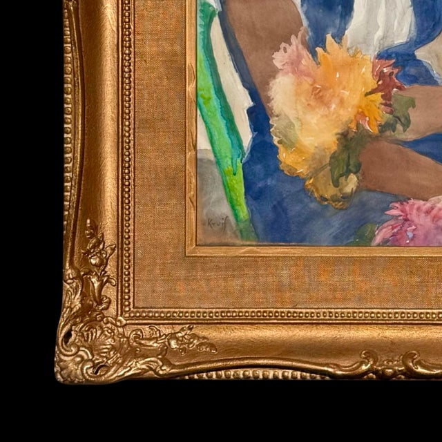 Glass Early 20th Century Henri De Kruif Antique Watercolor Portrait of Woman With Flowers W/ Ornate Gold Frame For Sale - Image 7 of 8