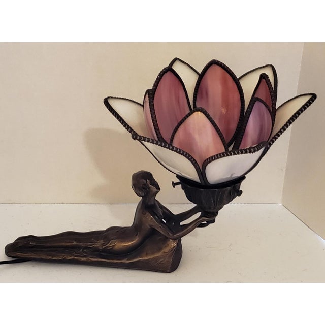 Art Deco Early 20th Century Art Deco Figural Nude Sculptural Bronze Lotus Lamp For Sale - Image 3 of 10