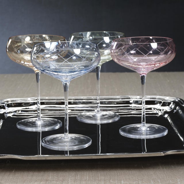 Audrey 4-Piece Set Hand Etched Coupe Glasses, Blush Luster For Sale In Los Angeles - Image 6 of 8