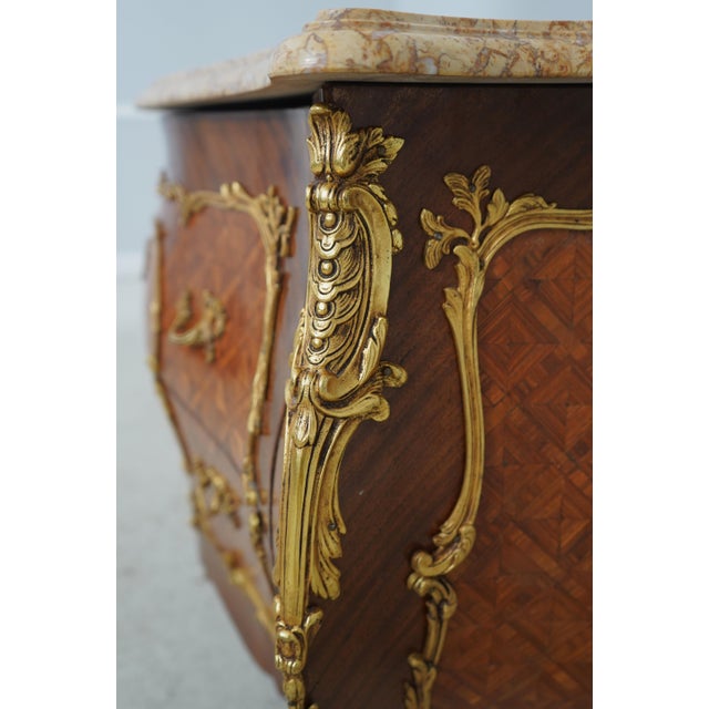 French Louis XV Vintage Marble Top Marquetry Commode For Sale - Image 13 of 17