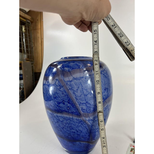 Late 20th Century Large Vase Blue Mouth Blown Art Glass Sea Scape Gold Dust vintage 12.5" For Sale - Image 10 of 16