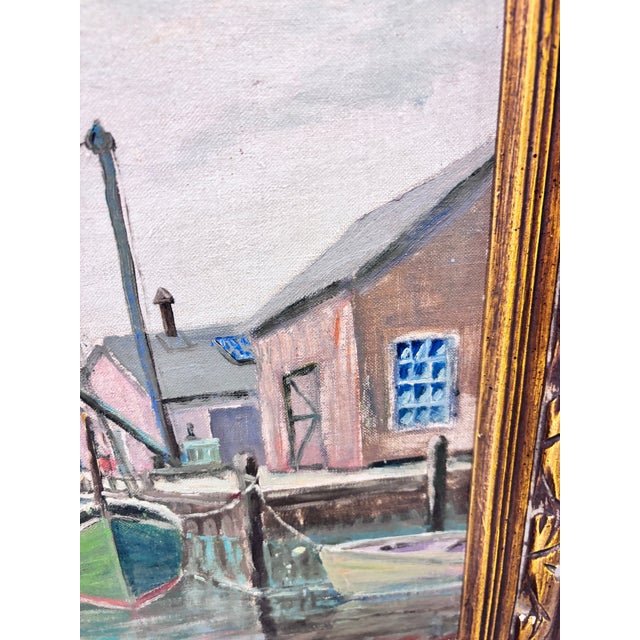 Textile Oil Painting Depicts a Tranquil Harbor Scene With Fishing Boats Moored by a Pier and a Small Rowboat in the Calm Water. By J .Henry Hallbert For Sale - Image 7 of 12