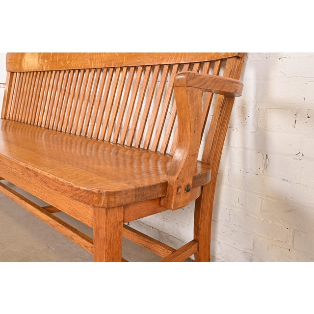 Wood Antique Arts & Crafts Solid Oak Lawyer's Bench For Sale - Image 7 of 10