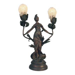 1990s Auguste Moreau French Art Nouveau Table Lady Lamp, "Dawn," Two Lights, Bronzed Spelter