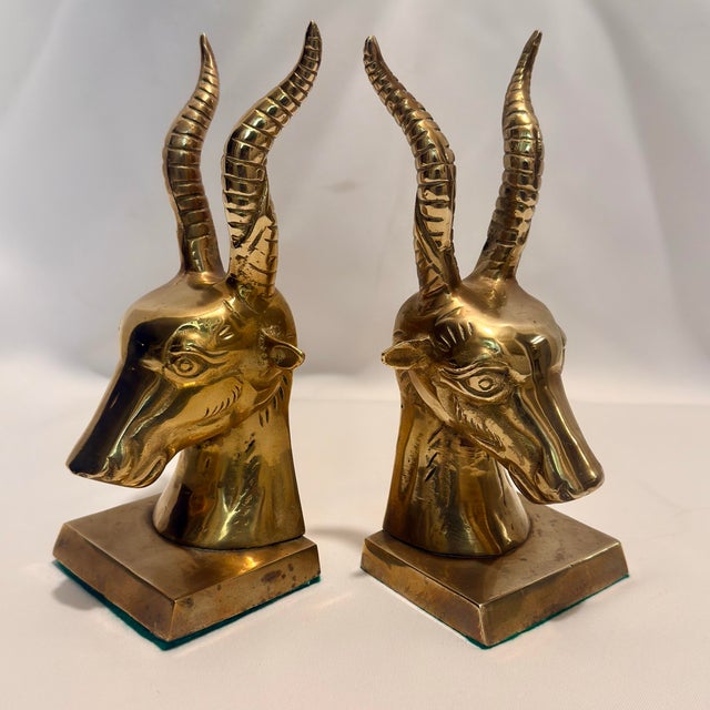 1970s Solid Brass Ibex Gazelle Bookends -a Pair - Styled After Karl Springer For Sale In Mobile - Image 6 of 9