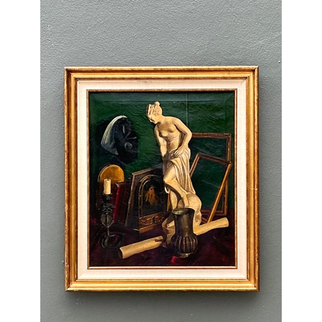 This evocative original oil on canvas presents a masterful allegorical still life, capturing the quiet mystery of an...