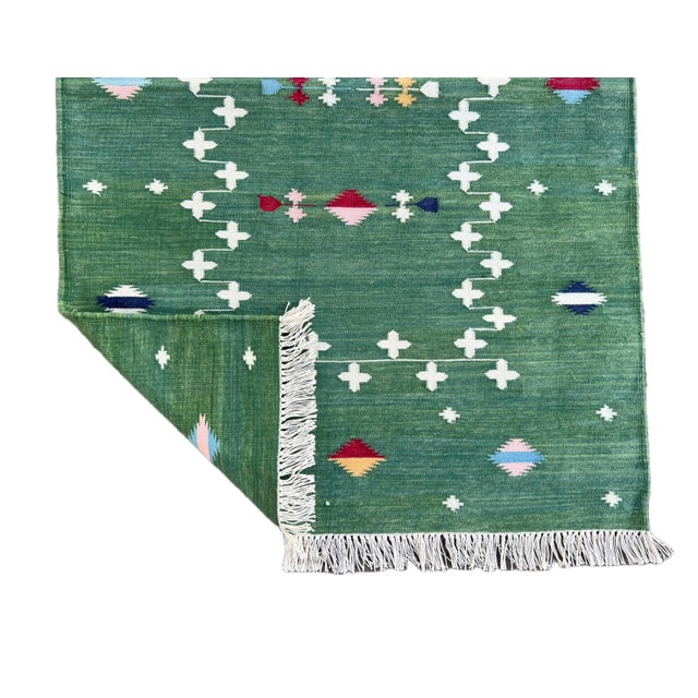 Casa Cosima Handmade Cotton Dhurrie Vegetable Dyed Forest Green Shooting Star Runner- 3'x14' For Sale - Image 4 of 11