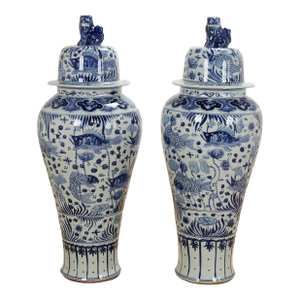 Large Pair of Chinese Blue and White Porcelain Lidded Urns