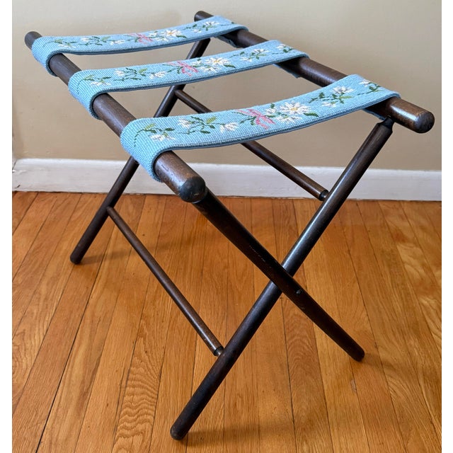 Mid 20th Century Mid 20th Century Needlepoint Wood Luggage or Serving Tray Rack Stand For Sale - Image 5 of 8