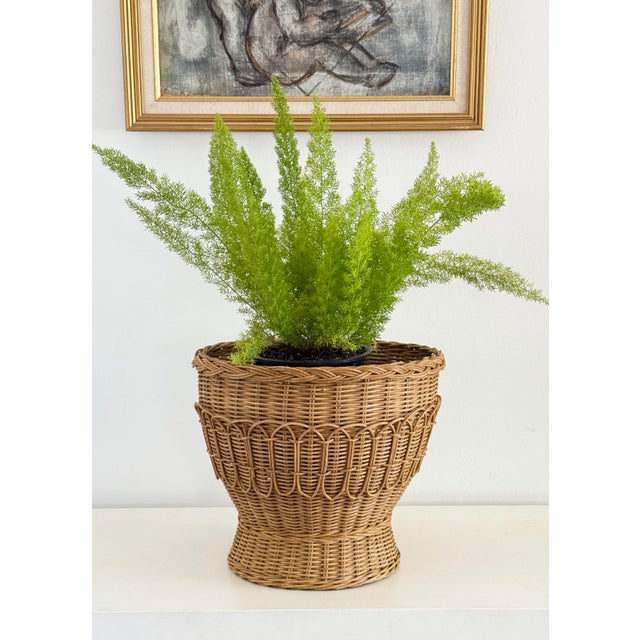 Shabby Chic Rattan Pedestal Planter Basket For Sale - Image 3 of 6
