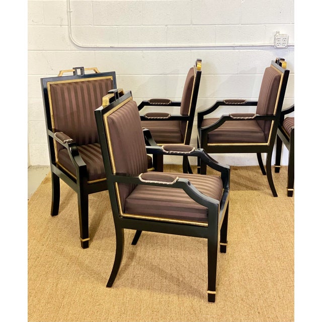 1980s Hollywood Regency Black Lacquer and Satin Dining Armchairs – Set of 8 For Sale In Detroit - Image 6 of 13