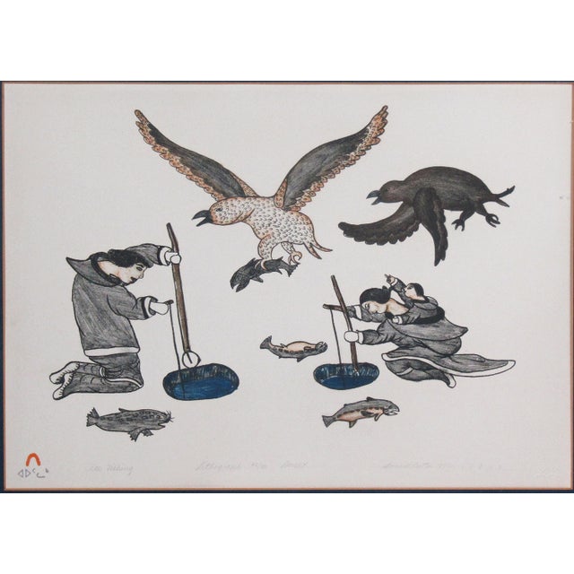Cape Dorset “Ice Fishing” Inuit Lithograph by Sorosiluto Ashoona, 1976 (43/50), Framed For Sale - Image 4 of 12