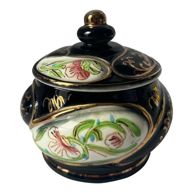 Vintage Mid Century Norleans Hollywood Regency Black & Gold Porcelain Lidded Sugar Bowl Trinket Box , Japan For Sale