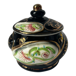 Vintage Mid Century Norleans Hollywood Regency Black & Gold Porcelain Lidded Sugar Bowl Trinket Box , Japan
