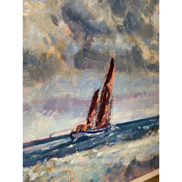 20th Century Modernist Sailboat Seascape Painting, Geoffrey Chatten c. 1950. Title on reverse, "Sailing Barge, Yarmouth...