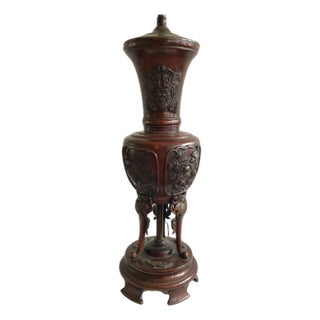 1900s Bronze Chinese Table Lamp With Embossed Bird and Floral Motifs For Sale