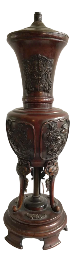 1900s Bronze Chinese Table Lamp With Embossed Bird and Floral Motifs