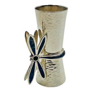 1980s Los Castillo Taxco Shot Glass With Lapis & Malachite Dragonfly Handle For Sale