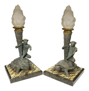 1920s Italian Figural Patinated Bronze Candelabra Mounted Pietra Dura Marble - A Pair
