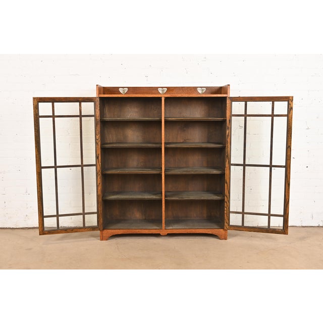 Early 20th Century Stickley Brothers Style Antique Mission Oak Arts & Crafts Glass Front Double Bookcase Cabinet, Circa 1900 For Sale - Image 5 of 11